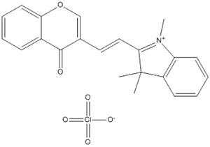 Molecular Structure of 144279-98-1 (3H-Indolium, 1,3,3-trimethyl-2-[2-(4-oxo-4H-1-benzopyran-3-yl)ethenyl]-,perchlorate)